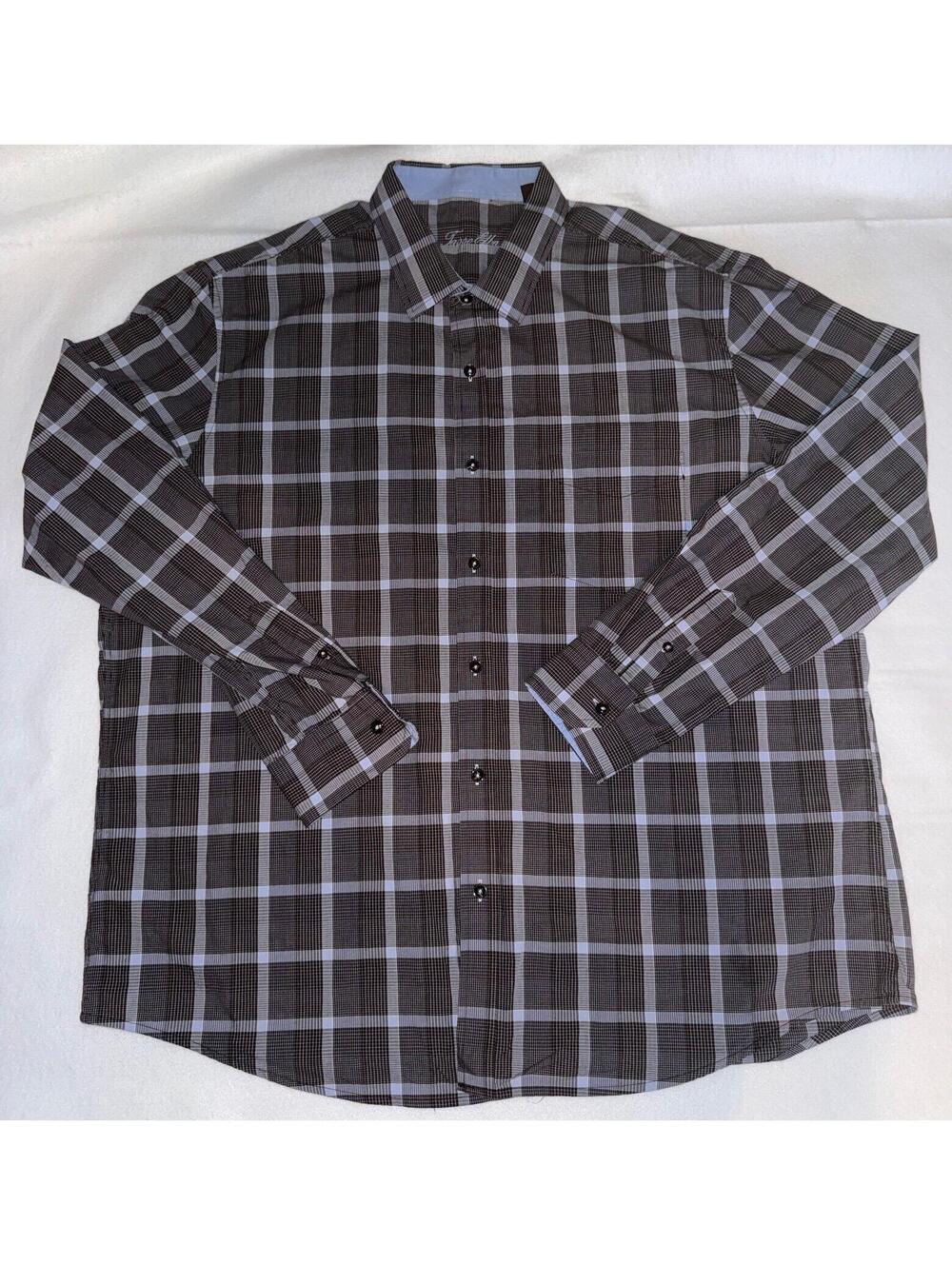 Tasso Elba Men’s XXL 18-18.5 Brown Blue Plaid Button Front 100% Cotton